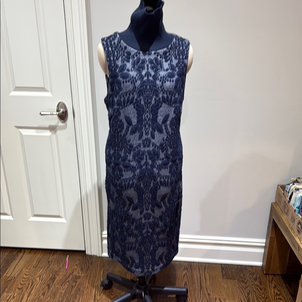 Maeve Navy Embroidered Sleeveless Sweater Stretch Turtleneck Dress 14